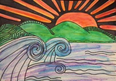 Raging Sea at Sunset Mixed Media Art Age 12